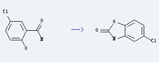 Chlorzoxazone is prepared by reaction of 5-chloro-2-hydroxy-benzamide.